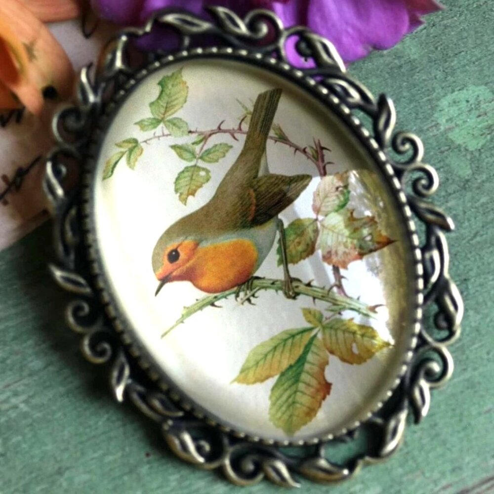 Vintage Robin Brooch - Large Oval Cottagecore Spring Bird Pin - Vintage Jewelry
